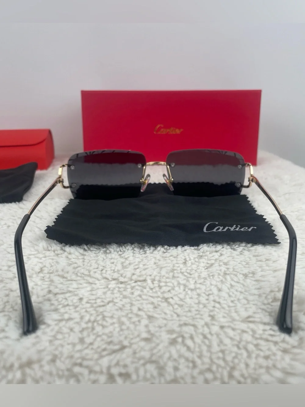 Cartier Big C Diamond Cut Sunglasses Black Lenses Gold Frame